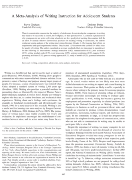 A Meta-Analysis of Writing Instruction for Adolescent Students. Journal of Educational Psychology