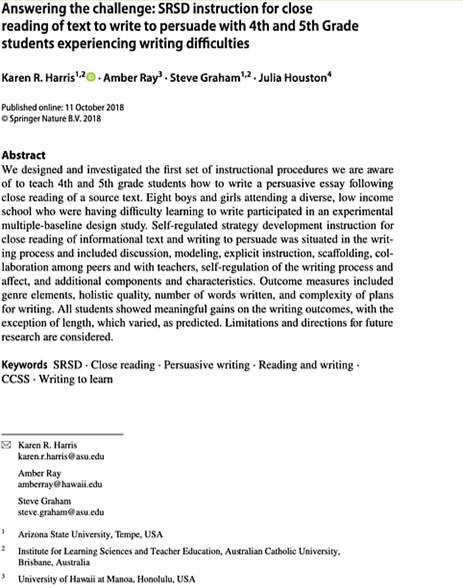 Answering the Challenge_SRSD Instruction for Close Reading of Text to Write to Persuade with 4th and 5th Grade Students Experiencing Writing Difficulties
