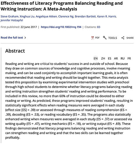 Effectiveness of Literacy Programs Balancing Reading and Writing Instruction_A Meta‐Analysis