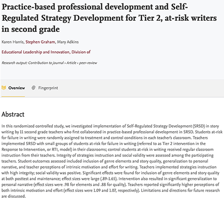 Practice-based Professional Development and Self-Regulated Strategy Development for Tier 2, At-risk Writers in Second Grade