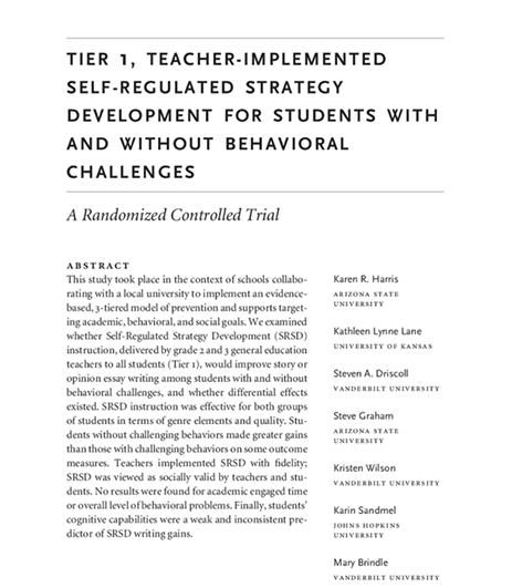 Tier 1, Teacher-Implemented Self-Regulated Strategy Development for Students With and Without Behavioral Challenges