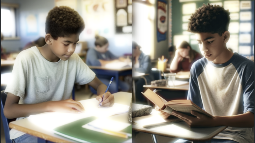 image shows boy as child and young adult completing reading and writing assignments