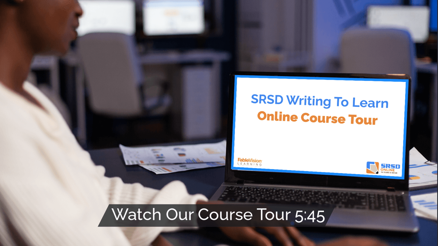 Person watching an online course tour for SRSD Writing To Learn on a laptop, with the title 'SRSD Writing To Learn Online Course Tour' and video length indicator, 5:45, shown on the image.