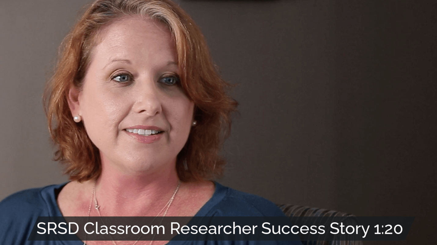 Deb McKeown, talking on camera, with the title 'SRSD Classroom Researcher Success Story' and video length indicator, 1:20, shown on the image.