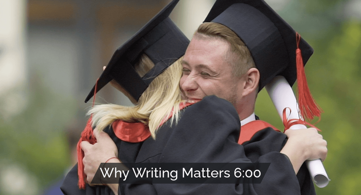 Graduates hugging while holding diplomas, symbolizing the importance of writing in achieving success and making a change in life.