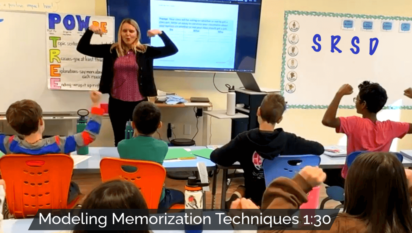 Teacher modeling memorization strategies for SRSD in a classroom, with students following along titled 'Modeling Memorization' and video length indicator, 1:30, shown on the image.