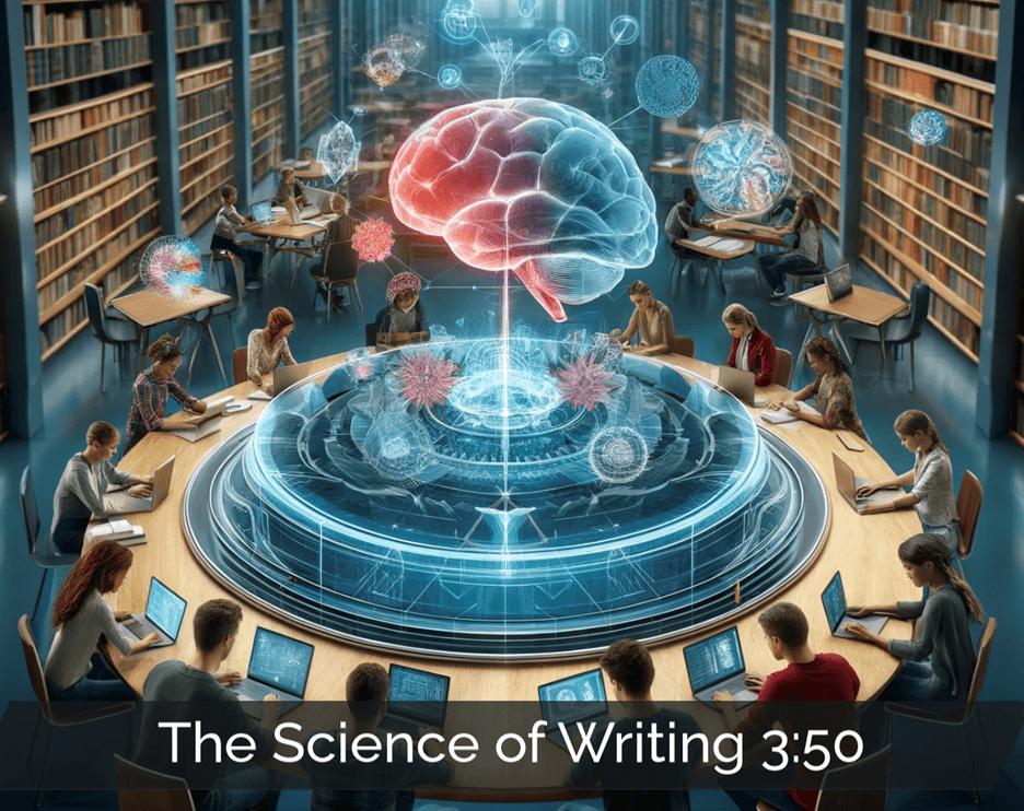 Surreal image of students studying around a digital brain, representing the science behind SRSD writing strategies.