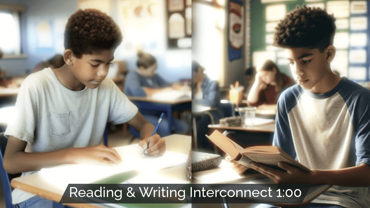 Two students working in a classroom, one reading and the other writing, illustrating the interconnection between reading and writing through SRSD.