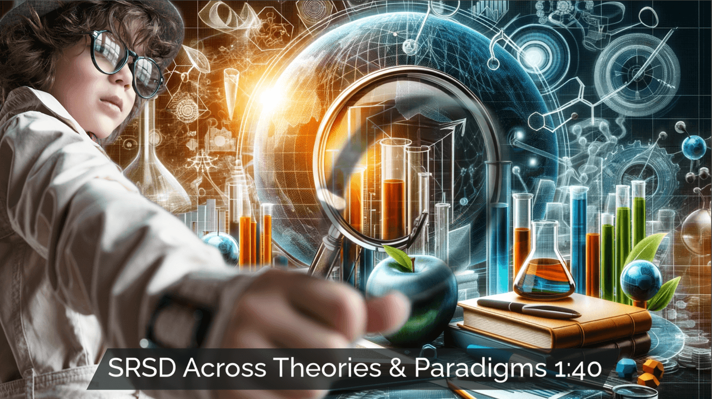 A child in a science lab surrounded by beakers, magnifying glass, and graphs, symbolizing different psychological theories in creating SRSD.