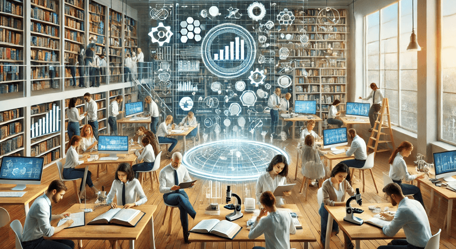 Researchers collaborating in a large, library-like space filled with books, computer displays, microscopes, and data charts.