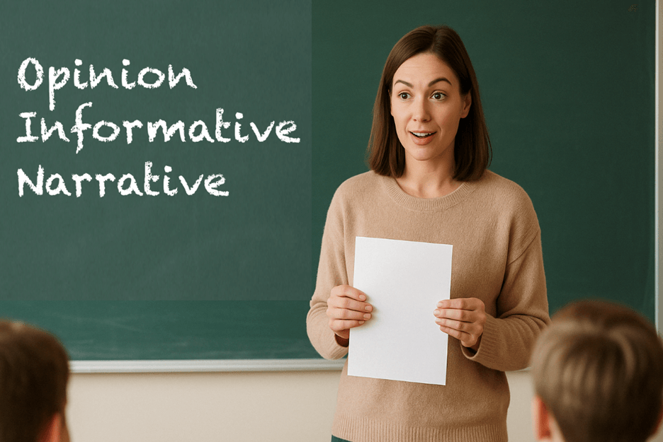 A teacher standing in front of a chalkboard holding a sheet of paper with the words "Opinion," "Informative," and "Narrative" written on the board.