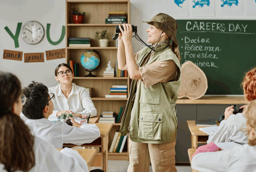 Career day in classroom with guest naturalist presenting to engaged students.