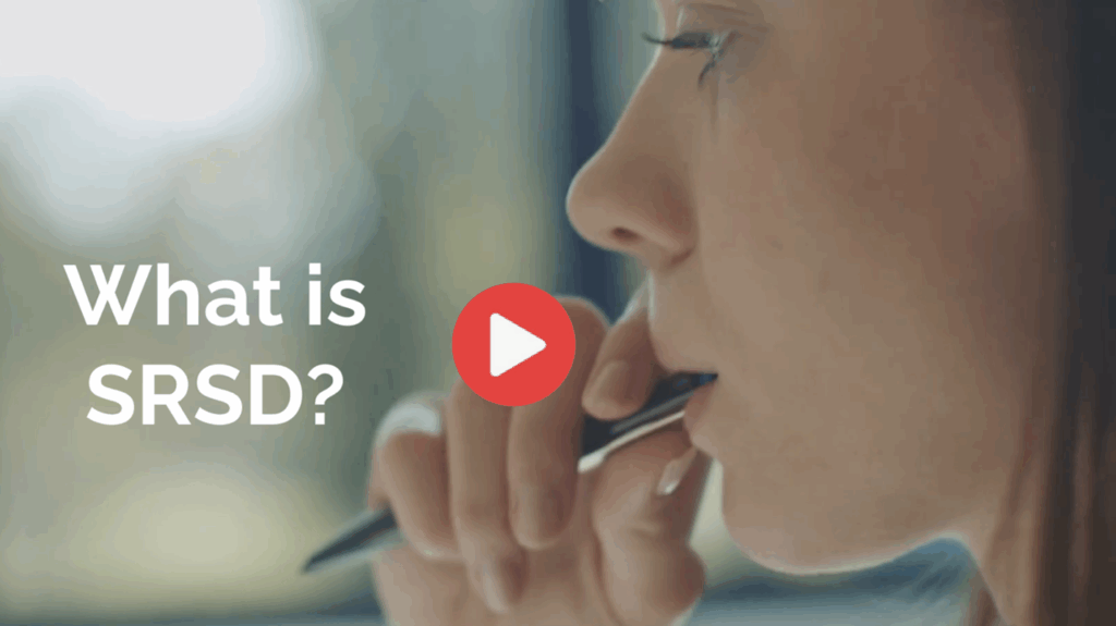 Close-up of a student thinking while holding a pen, with “What is SRSD?” text and play button overlay