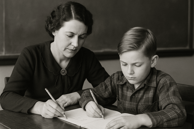 Vintage black-and-white photo of a teacher helping a young boy with writing in a classroom setting.