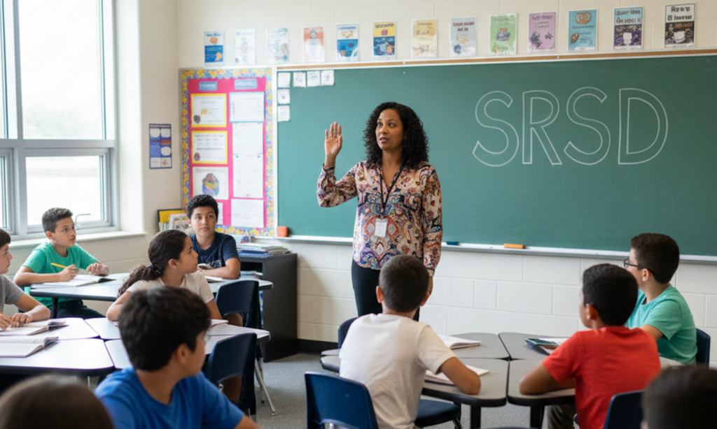 Teacher introducing SRSD writing instruction to engaged students in a classroom setting with “SRSD” written on the chalkboard.