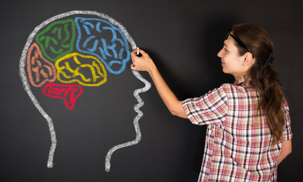 Female student drawing a colorful brain diagram on a blackboard with chalk in a classroom setting.