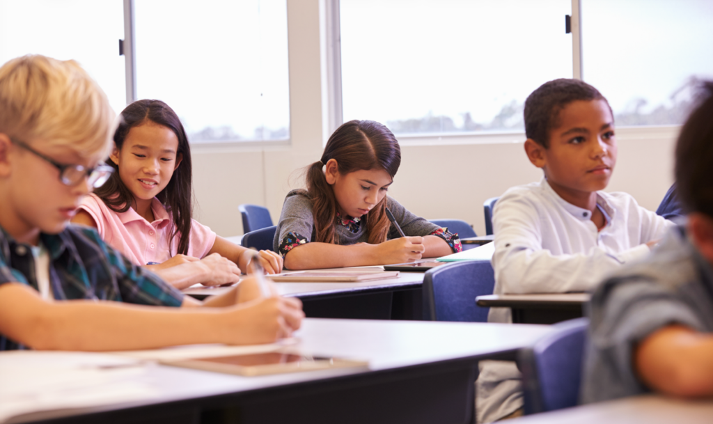 Elementary students working independently at desks during a focused classroom writing activity.