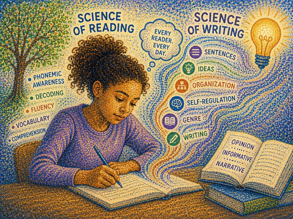 Illustration of the Science of Reading and Science of Writing showing a student writing while key literacy skills such as phonemic awareness, decoding, fluency, vocabulary, comprehension, sentence construction, organization, and self-regulation are connected.
