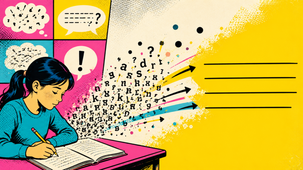 Illustration of a student transforming scattered letters and ideas into organized writing, representing evidence-based writing instruction and the Science of Writing.
