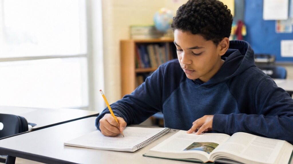 Middle school student writing in a notebook while using a textbook for research during an independent classroom writing activity.
