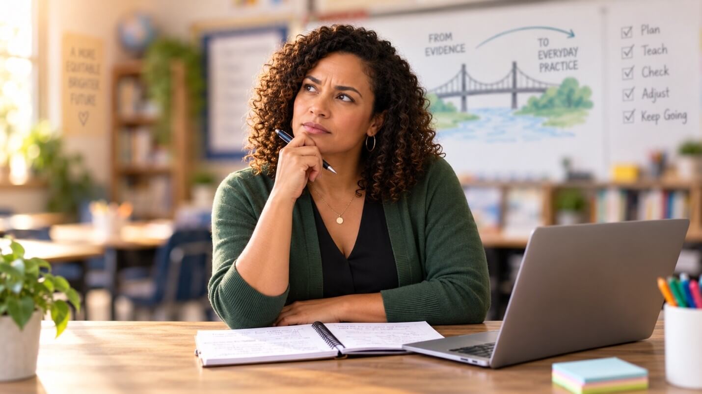 Teacher at a classroom desk studying a whiteboard bridge from evidence to everyday practice, illustrating the implementation gap.