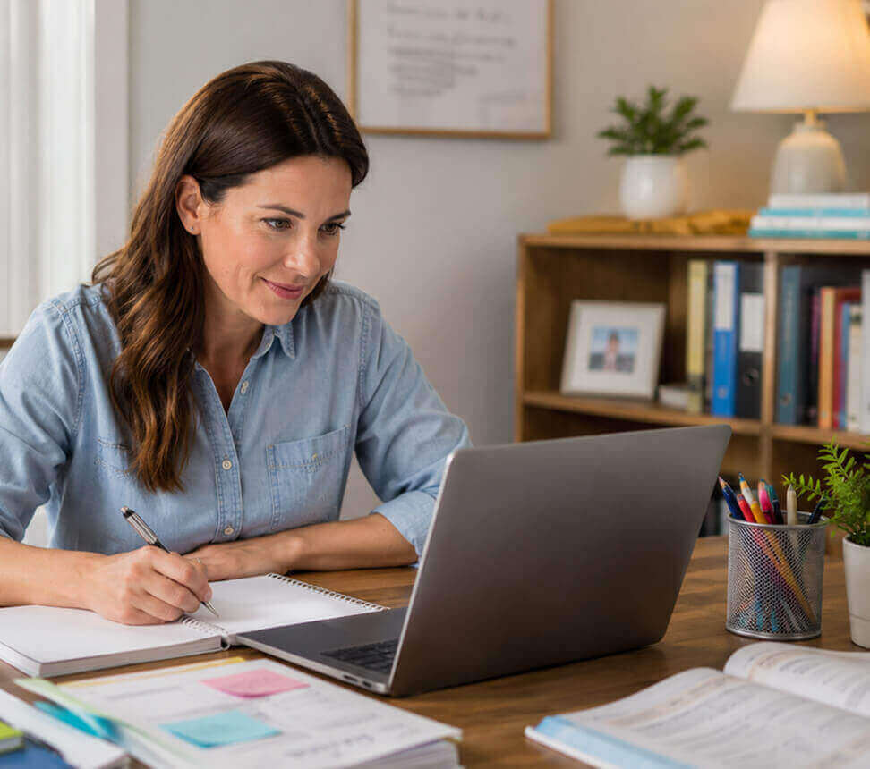 Educator smiling while working on a laptop at her desk